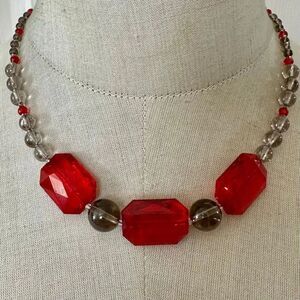 Smoky Glass & Red Acrylic Bead Statement Necklace sterling clasp